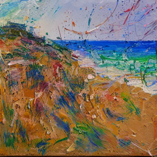 Image similar to oil paint impasto relief, beautiful painting of a sunny italian beach scene, multi layered thick brush marks, some splattered paint, in the style of monet and frank auerbach