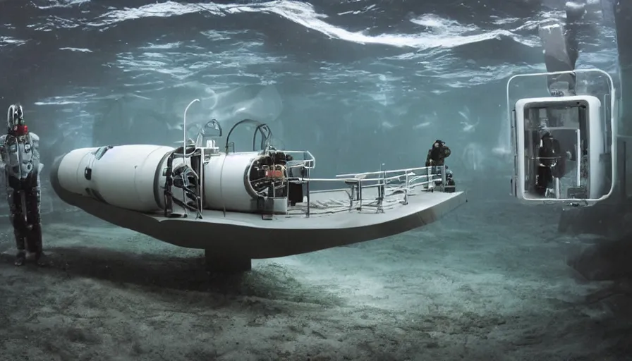 Image similar to Big budget horror movie, a small submarine approaches an undersea biolab run by cyborgs