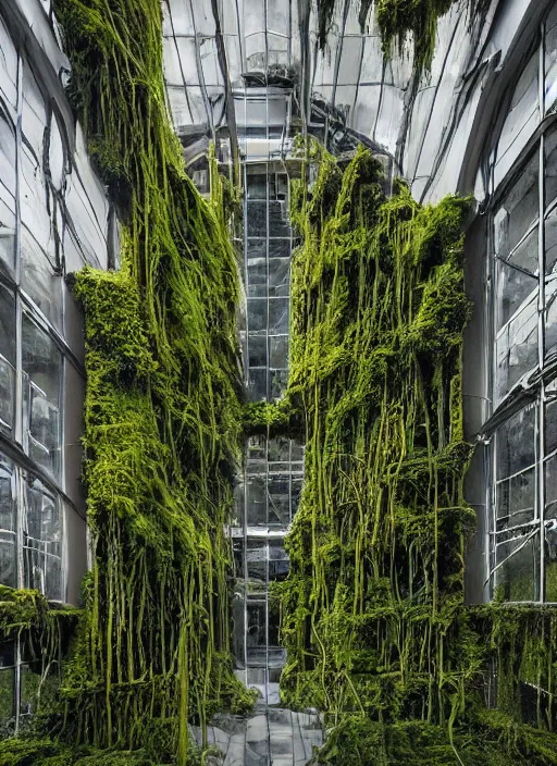 Image similar to “derelict architecture single building , the windows are covered in moss with growing vines, building designed by architect Zaha Hadid, architecture digest, building surrounded in a luxury environment, bright tones, fluorescent lighting,volumetric Lighting, photorealism, high detail, golden ratio, cinematic, octane renderer”