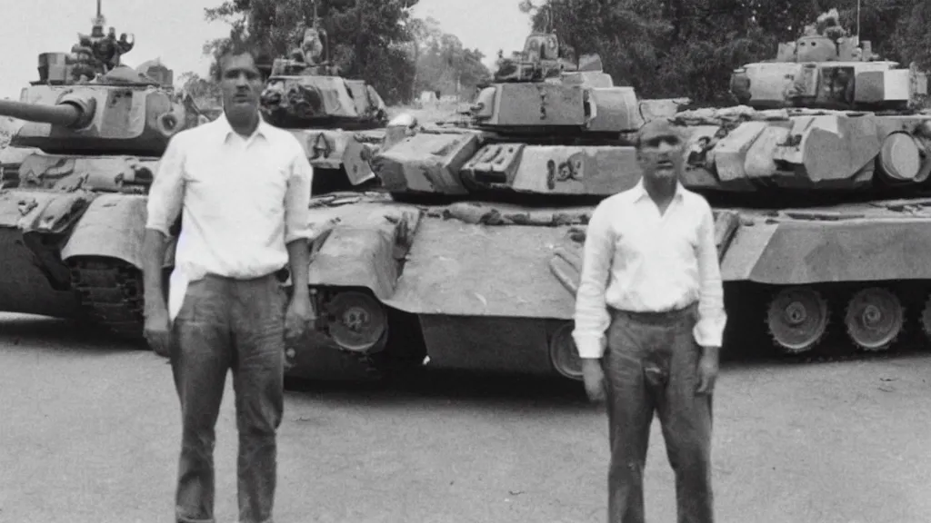 Image similar to old historic photograph of a person in white shirt, white holding grocery bags, standing on the road in front of four battle tanks approaching him