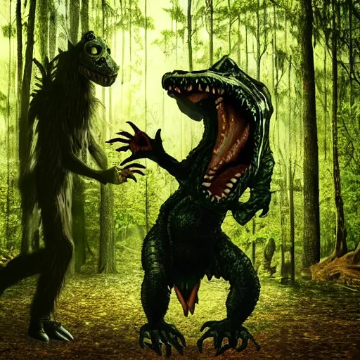 Image similar to werecreature consisting of a alligator and a human, werealligator, photograph captured in a dark forest