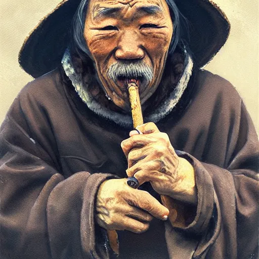 Image similar to a sad old chinese man with his pipe in his mouth, high quality, high resolution,detailed, oil painting by wlop