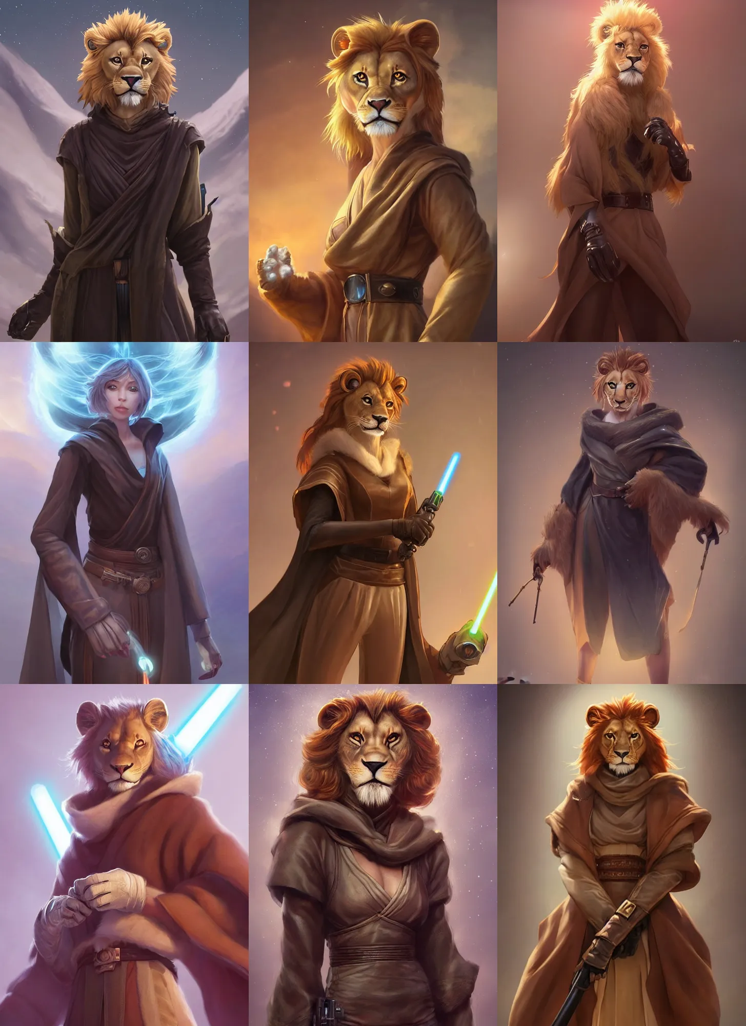 Prompt: beautiful portrait of a female anthropomorphic lion fursona wearing jedi robes. leather gloves. character design by charlie bowater, ross tran, artgerm, and makoto shinkai, detailed, soft lighting, rendered in octane