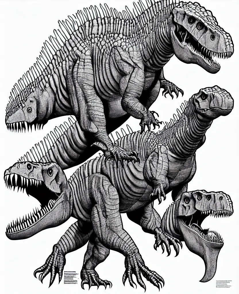 Image similar to tyrannosaurus rex walking around, symmetrical, accurate, simple clean black lines, black and white, white background and fill, coloring book, comic book, graphic art, line art, vector art, by martina matteucci, pavel shvedov, peter lundqvist, diane ramic, christina kritkou, artstation