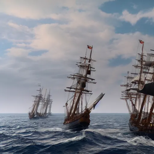 Prompt: 18th century fleet fighting in the open sea, octane render, 3D render, real footage, drone footage, highly detailed, daylight,