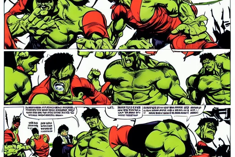 Image similar to hulking out, hulkout, turning into the hulk, comic sequence, sequential art, dynamic posing, cinematic, action, motion