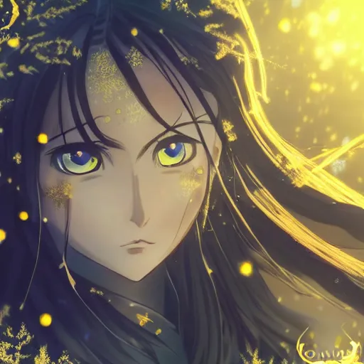 Image similar to focus face portrait of beautiful darkness knight 3D anime girl, golden armor wearing, dark forest background, snowing, bokeh, inspired by Masami Kurumada, digital painting, high contrast, unreal engine render, volumetric lighting, high détail