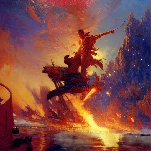 Image similar to stunning male master wizard destroying a war ship by his fire spell, highly detailed painting by gaston bussiere, craig mullins, j. c. leyendecker, 8 k