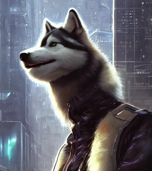 Image similar to new york city portrait of furry anthro anthropomorphic malamute husky head animal person fursona wearing clothes strange cybernetic augmentations cyber muzzle gloomy rainy cyberpunk digital art by Greg Rutkowski, Simon Stalenhag, trending on Artstation, CGSociety