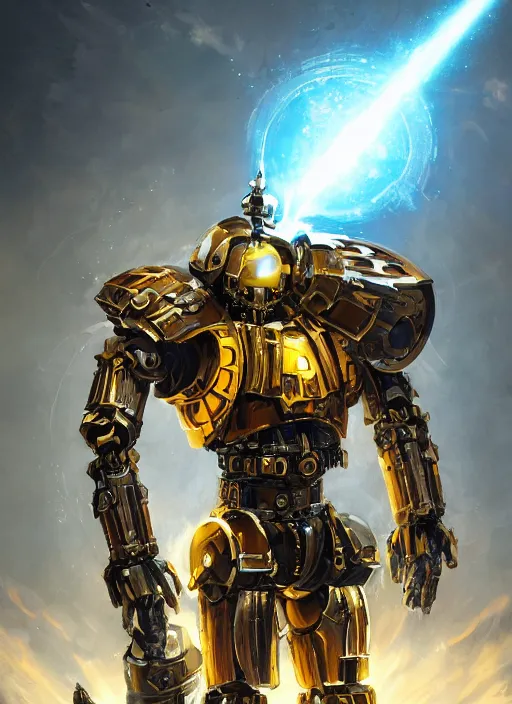 Image similar to full body, dynamic attack position abstract portrait of a intricate glorious holy mechanical warforged character in yellow armor holding a paladin engraved great longsword drawn and carrying a big paladin shield, glowing eye, face in focus, pit droid, epic , trending on ArtStation, masterpiece, cinematic lighting, by Ross Tran and by Greg Rutkowski