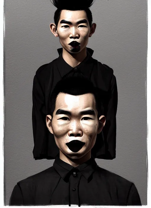 Image similar to portrait of a thai man with a crooked nose and a confident expression, 1 9 6 0 s, black clothes, goth, punk, brightly coloured hair, funk, intricate, elegant, highly detailed, digital painting, artstation, concept art, smooth, sharp focus, illustration, art by wlop, mars ravelo and greg rutkowski