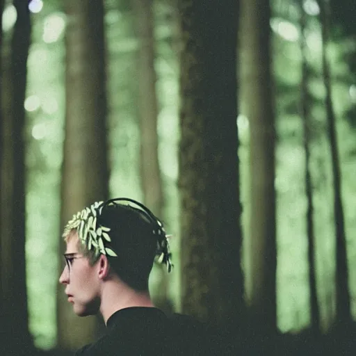 Prompt: kodak portra 4 0 0 photograph of a skinny blonde guy standing in a dark forest, back view, flower crown, moody lighting, telephoto, 9 0 s vibe, blurry background, vaporwave colors, faded!,