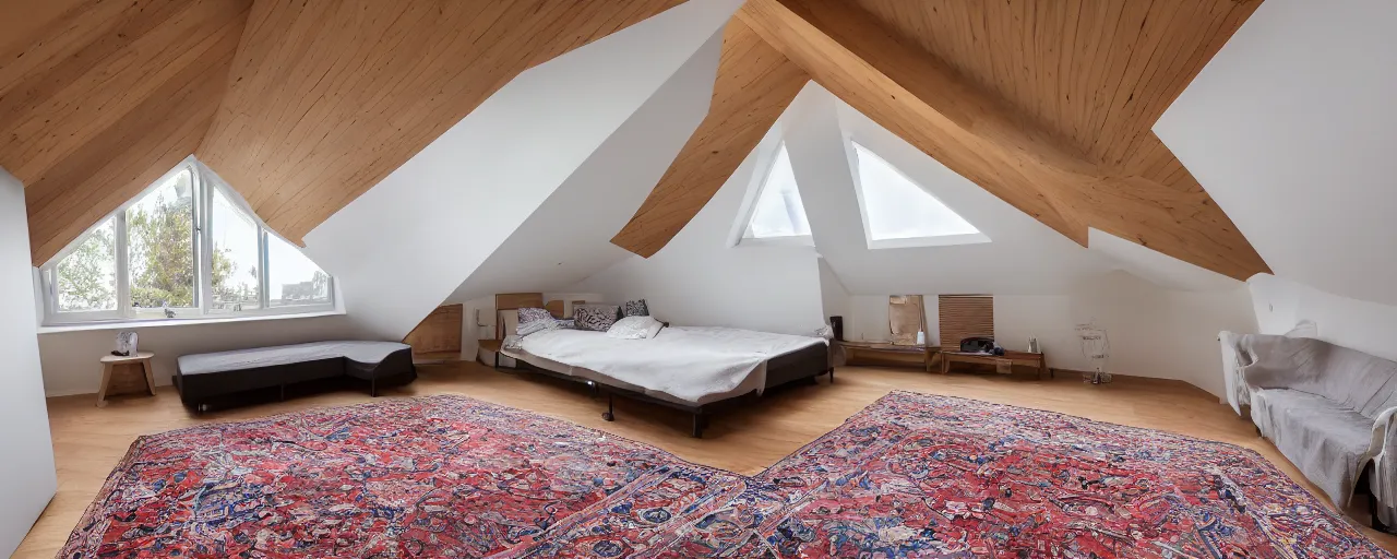 Image similar to 1.7 metre low attic, with matte white angled ceiling, with 2 rectangular windows opposing each other, with a large square window in the back right corner of the room, with exquisite turkish and persian rugs on the polished plywood floor, XF IQ4, 150MP, 50mm, F1.4, ISO 200, 1/160s, natural light