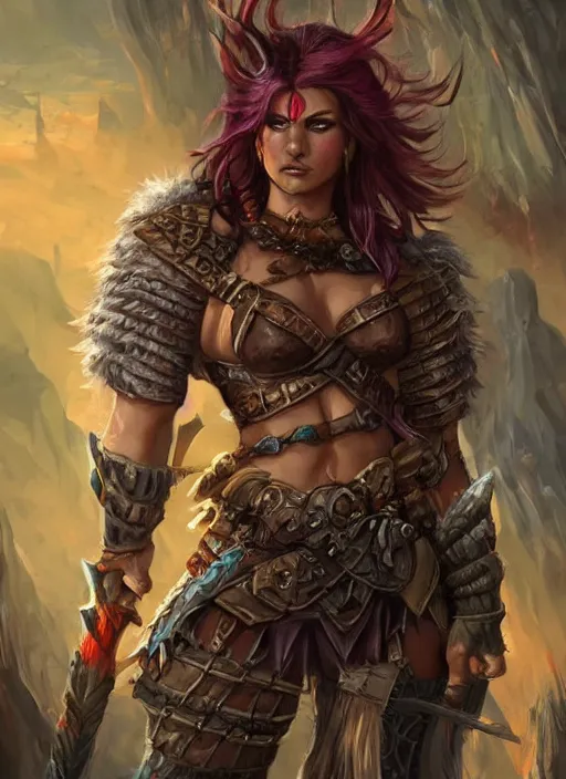 Image similar to female barbarian, ultra detailed fantasy, dndbeyond, bright, colourful, realistic, dnd character portrait, full body, pathfinder, pinterest, art by ralph horsley, dnd, rpg, lotr game design fanart by concept art, behance hd, artstation, deviantart, hdr render in unreal engine 5