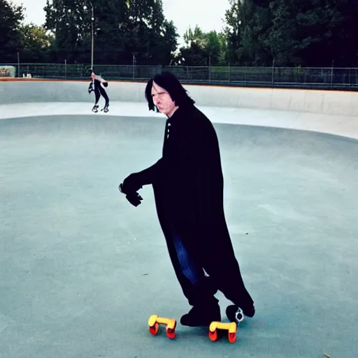 Prompt: Severus Snape rollerblading at the skate park