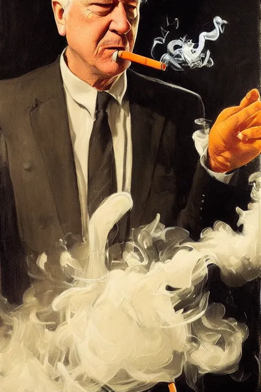 Image similar to david lynch smoking cigarette, lit by cigarette, billowing smoke, dark orange glow, painting by jc leyendecker!! phil hale!, lynchian!!!! ominious, dark lighting, angular, brush strokes, painterly, vintage, crisp