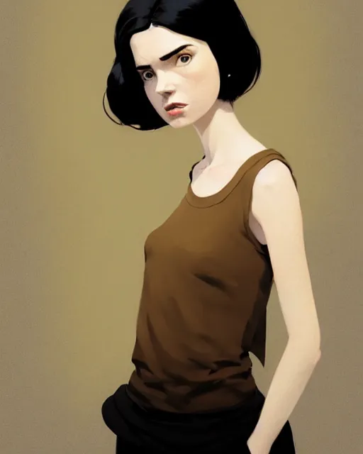 Image similar to cottagecore hyper - realistic portrait of a woman in black sleeveless t - shirt, black hair, persian daisy, by atey ghailan, by greg rutkowski, by greg tocchini, by james gilleard, by joe fenton, by kaethe butcher, dynamic lighting, gradient light yellow, brown, blonde cream and white color scheme, grunge aesthetic