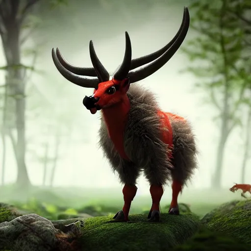 Image similar to ultrarealistic creature fluffy animal with horns and short legs and arms and red eyes, forest scene, octane render, highly detailed, cinematic lightning