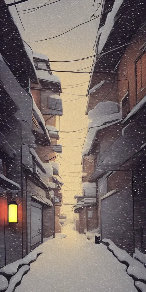 Prompt: tokyo alleyway, snowy day, lights, by cory loftis, makoto shinkai, hasui kawase, james gilleard, beautiful, serene, peaceful, lonely, golden curve composition