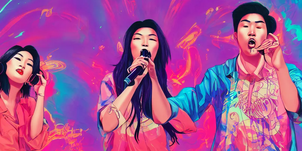 Image similar to Asian women and Hispanic men rapping with microphone in living room, epic poses, distinct figures, digital art, vaporwave, psychedelic, surreal, hip hop, trending on Artstation, professional artist, detailed, 4k