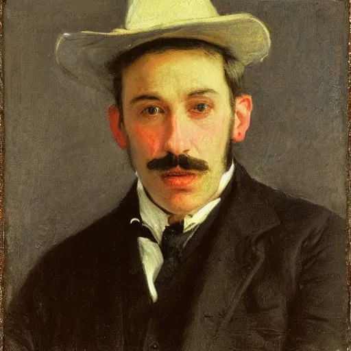 Image similar to white shirt, red vest, and white derby hat, by thomas eakins