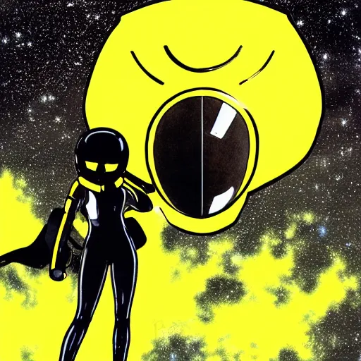 Prompt: black suit catgirl yellow motorcycle helmet, floating through galaxy, celty sturluson