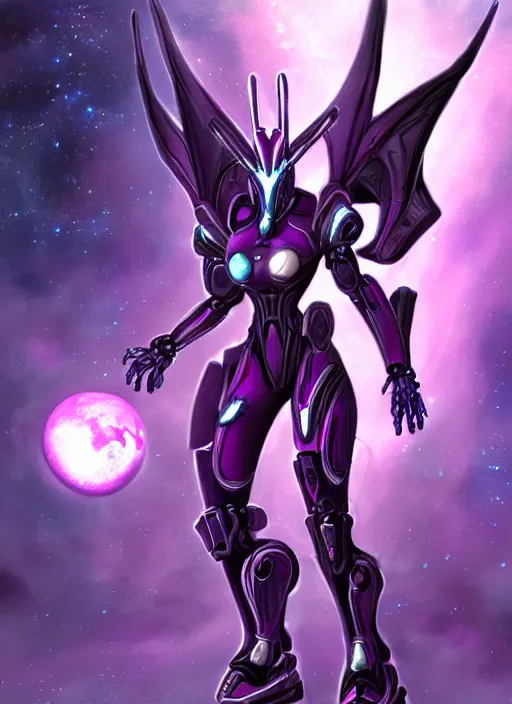 Image similar to detailed cinematic shot, cosmic sized perfectly proportioned stunning beautiful hot female warframe, detailed cyborg mecha female dragon head, metal ears purple eyes, silver armor, fuschia leds, floating in empty space, nebula sized, holding a planet, epic proportions, epic size, epic scale, furry art, dragon art, giantess art, warframe fanart, furaffinity, deviantart