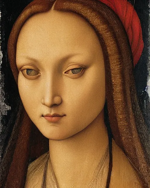 Prompt: a close up of a painting of a woman's head, an ultrafine detailed painting by pietro perugino, deviantart, pre - raphaelitism, da vinci, pre - raphaelite, detailed painting