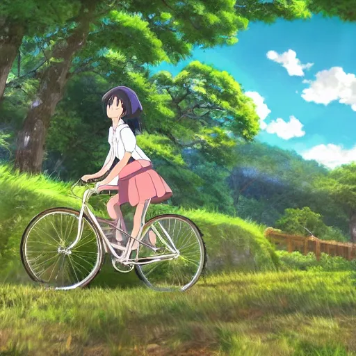 Image similar to anime girl riding bicycle in highly detailed japanese countryside, studio ghibli style, by hayao miyazaki, sharp focus, desaturated, highly detailed, 4k