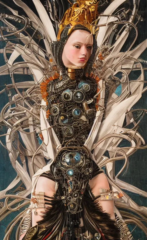 Image similar to the masked cyborg queen, elegant, fashion, vogue poses, striking composition, highly detailed ornate sci fi background, vivid details, amalgamation of nature and technology, wires, glowing tubes, beautiful composition, painting in the style of sandro botticelli, caravaggio, albrecth durer, 8k