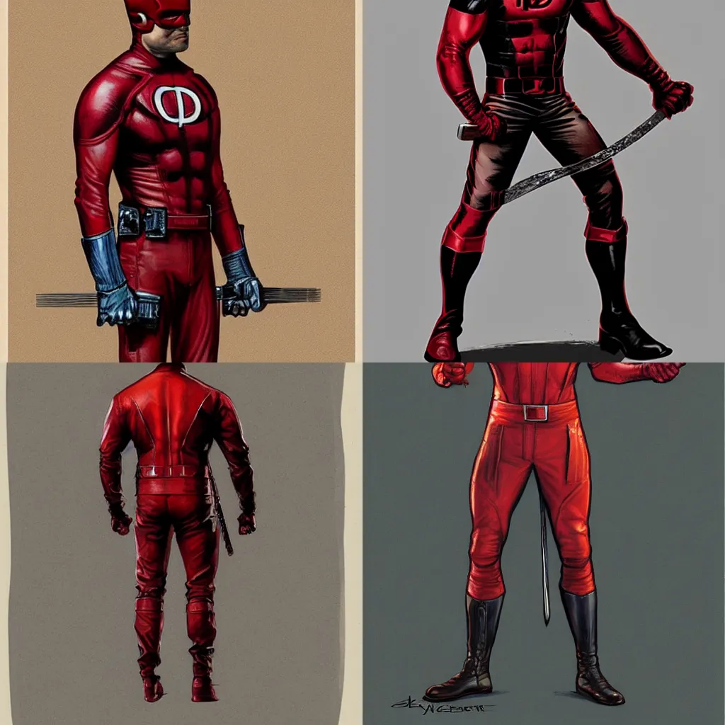 Image similar to daredevil concept art leather suit billy stick painted by jc leyendecker