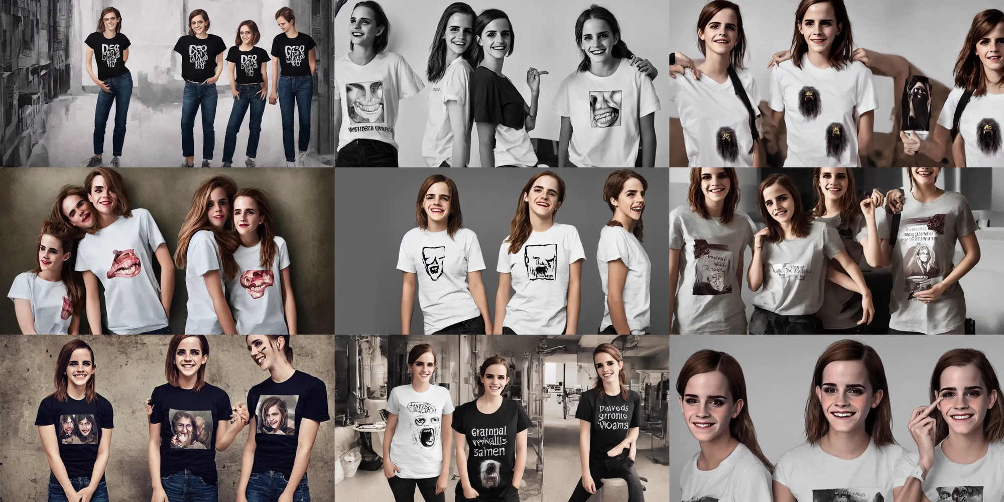 Prompt: emma watson identical twins smiling dental veneers t - shirt greg rutkowski!!! greg rutkowski!!! canon eos david bailey david bailey cinematic filmic photorealistic hyperdetailed