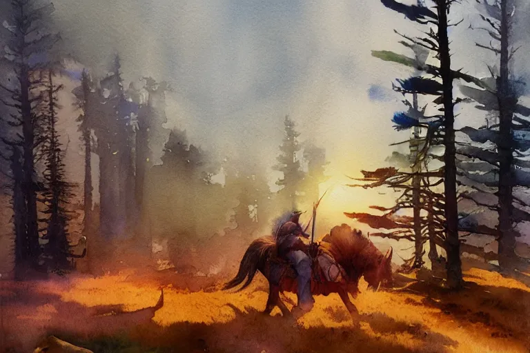 Image similar to small centered on watercolor paper, paint brush strokes, abstract watercolor painting of ragnarok at nightfall, american wild west, pine trees, viking mythology, cinematic light, american romanticism by hans dahl, by jesper ejsing, by anders zorn, by greg rutkowski, by greg manchess, by tyler edlin