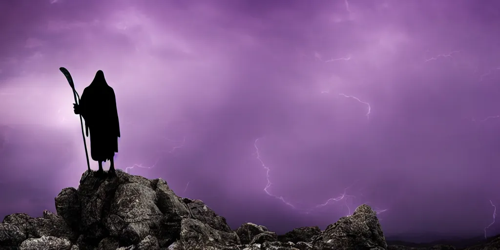 Image similar to the grim reaper standing on a rocky mountain shredding a guitar in a thunderstorm on a purple sky, widescreen