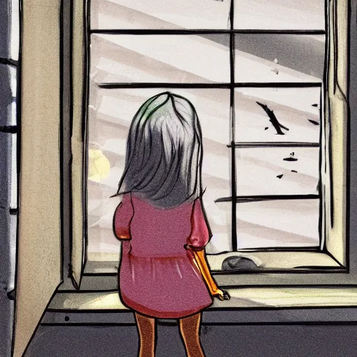 Prompt: girl looking out a window in a room full of garbage, lofi, detailed,