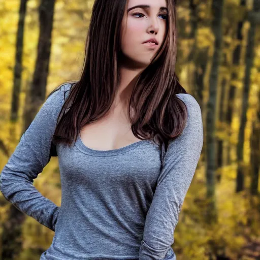 Image similar to real life photo of a beautiful girl, full body photoshoot, long brown hair, brown eyes, full round face, short smile, belly free, long sleeved belly free brown shirt, forest setting, cinematic lightning, medium shot, mid - shot, highly detailed, trending on artstation, unreal engine 4 k, 8 0 mm, 8 5 mm, cinematic wallpaper