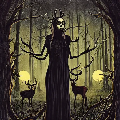 Image similar to an epic horrific wiccan gothic painting of a mother - nature witch cult woman wearing a deer skull, in a moonlit forest by gerald brom by junji ito by vanessa lemen by charlie bowater