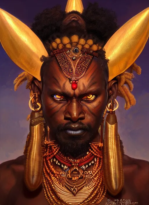 Image similar to angry orisha warrior god, bronze skin tone, bushy goatee, glowing red eyes, volumetric lights, earth tones and golden scheme, tribal and primitive, intricate, highly detailed, digital painting, artstation, concept art, smooth, sharp focus, illustration, kemetic symbolism, art by artgerm and greg rutkowski and alphonse mucha