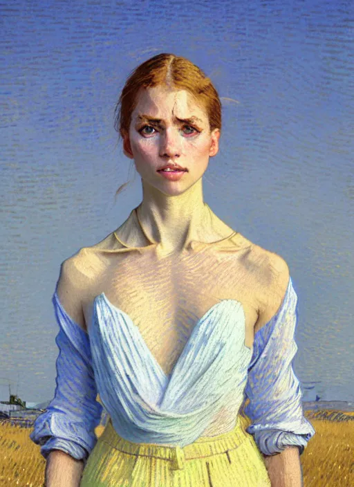 Image similar to portrait of a beautiful girl, sea dunes backdrop, sad, pastel shades of light blue and light yellow, beautiful face, rule of thirds, intricate outfit, spotlight, by greg rutkowski, by van gogh, by rineke dijkstra, digital painting