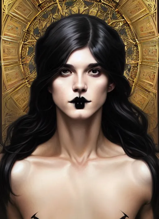 Image similar to perfectly masculine femininity!! full body portrait of a goth creature blessed by nature with ever - increasing physical mental perfection, blonde, symmetrical! intricate, sensual features, highly detailed, biblical divine holy perfection!! digital painting, artstation, concept art, smooth, sharp focus, illustration, art by artgerm and greg rutkowski and alphonse mucha