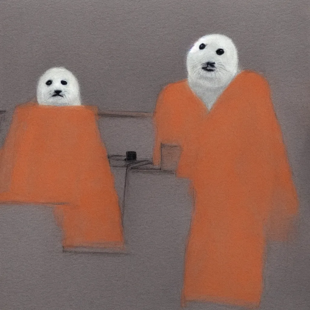 Image similar to one baby harp seal in an orange jumpsuit, sitting at the witness stand, courtroom sketch