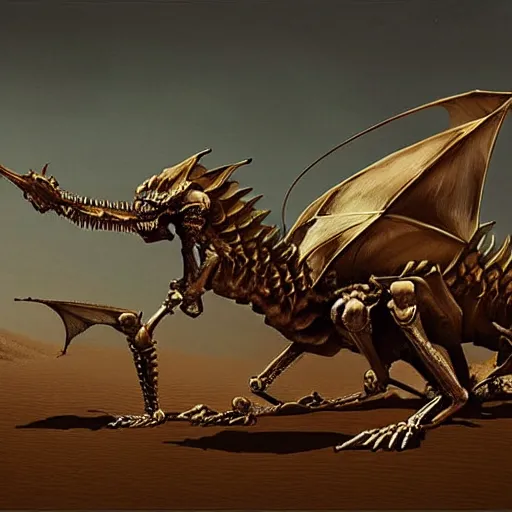 Prompt: “a huge skeleton of a dragon lying in the sands of the desert, atmospheric, concept art, high quality”