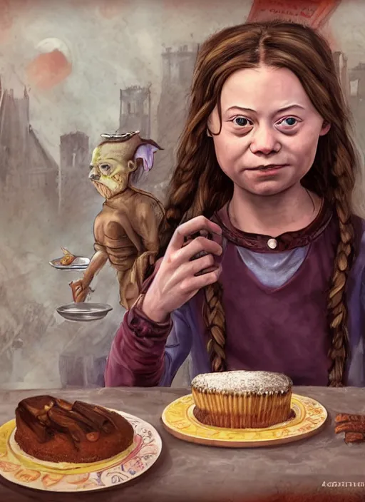 Image similar to greta thunberg as a medieval goblin eating cakes. detailed digital art, trending on Artstation