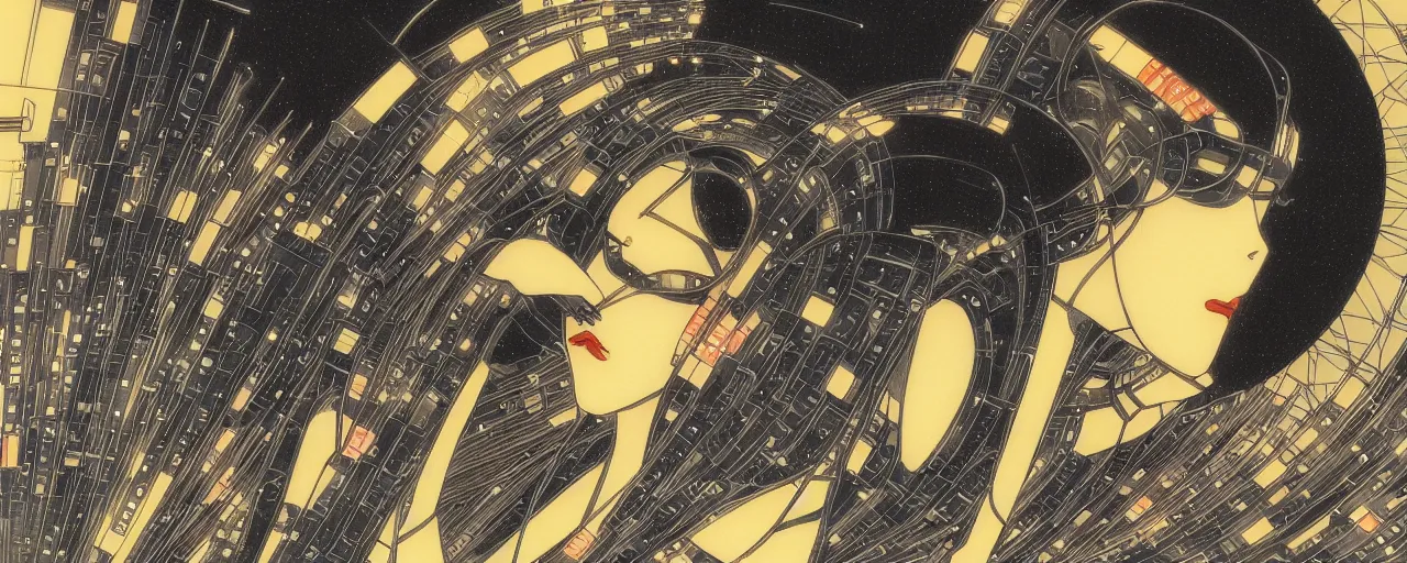 Image similar to beautiful woman robot like metropolis, at night in the center of a futuristic sci-fi energy generator machine, by Yasunari Ikenaga, Yamato, Macross