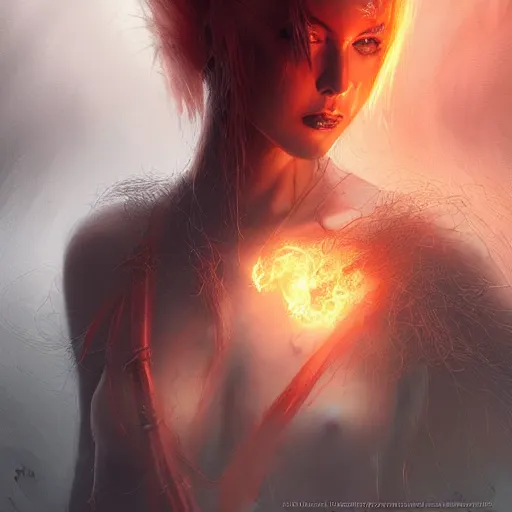 Image similar to kerli koiv as a fire genasi, flaming hair, darkwave, darksynth, concept headshot art, sharp, digital matte painting, art by luis royo, greg rutkowski, wlop, dramatic lighting, trending on artstation