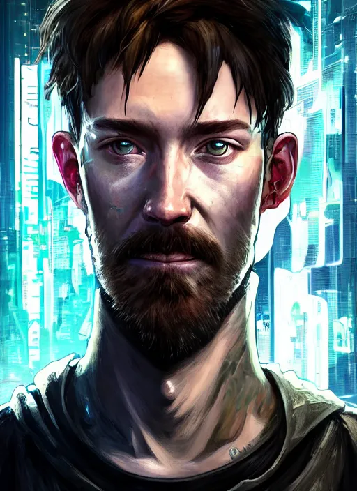 Image similar to !dream portrait of DanTDM as a homeless character in Cyberpunk 2077, looking at camera, intricate, dystopian, sci-fi, extremely detailed, digital painting, artstation, concept art, smooth, sharp focus, illustration, intimidating lighting, incredible art by artgerm and greg rutkowski and alphonse mucha and simon stalenhag