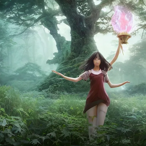 Image similar to breathtaking portrait of fantasy sorceress bright temple surrounded by lush forest meadow, by Hsiao-Ron Cheng and James jean and Miho Hirano and Hayao Miyazaki, octane render, RPG portrait, ambient light, dynamic lighting