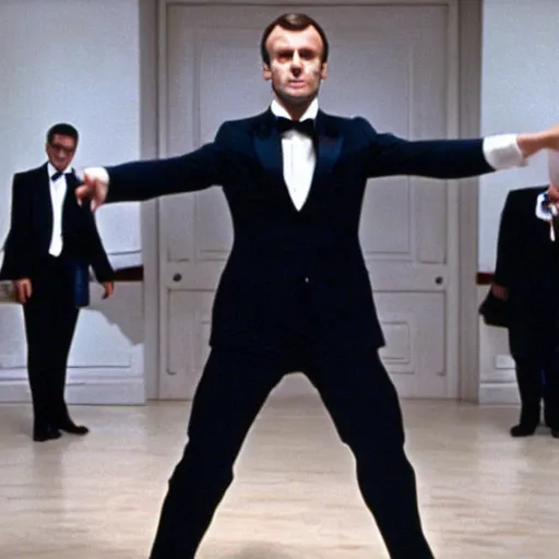 Image similar to Emmanuel Macron dancing in American Psycho (1999)