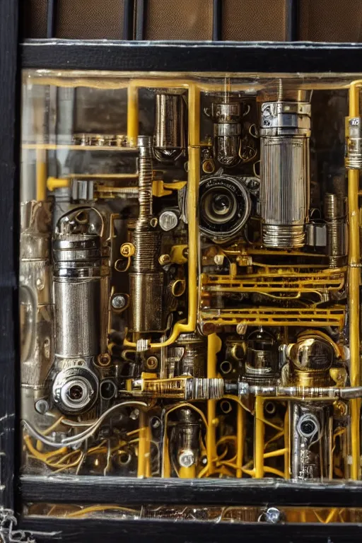 Prompt: a photo taken by someone who doesn't know how to use a camera, the most complex kodak camera ever made with vacuum tubes, capacitors and coils inside, through a dirty store window by Wes Anderson, grungy, weathered Ultra detailed, hyper realistic, 4k