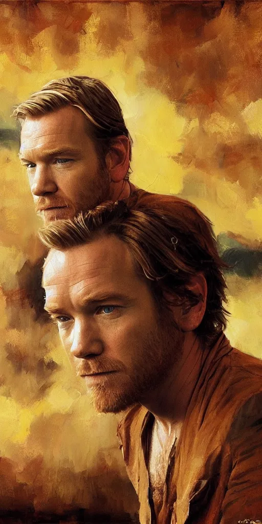 Prompt: we see ewan mcgregor from side. atmospheric feeling, warm colours, brown colours, yellow colours, epic scene, cinematic, very detailed, oil painting